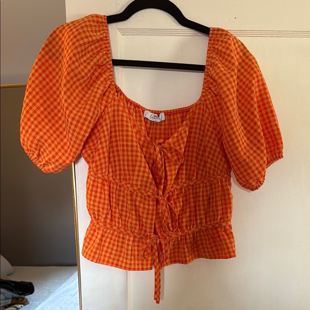 Orange Gingham Puff Sleeve Top, Sz S